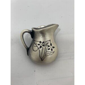 Tiny Pewter Pitcher Pin Brooch With Floral Design - Vintage Style Jewelry Piece